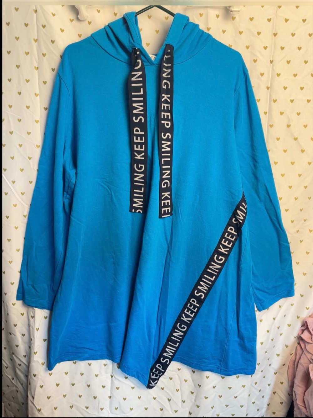 Women's Bright Blue Hooded Sweatshirt with 'Keep Smiling' Trim